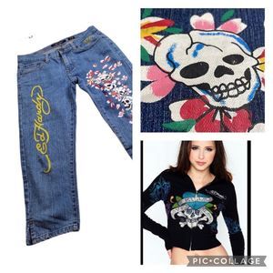 Ed Hardy Signature Tattoo Floral Skulls Denim Capri Jeans